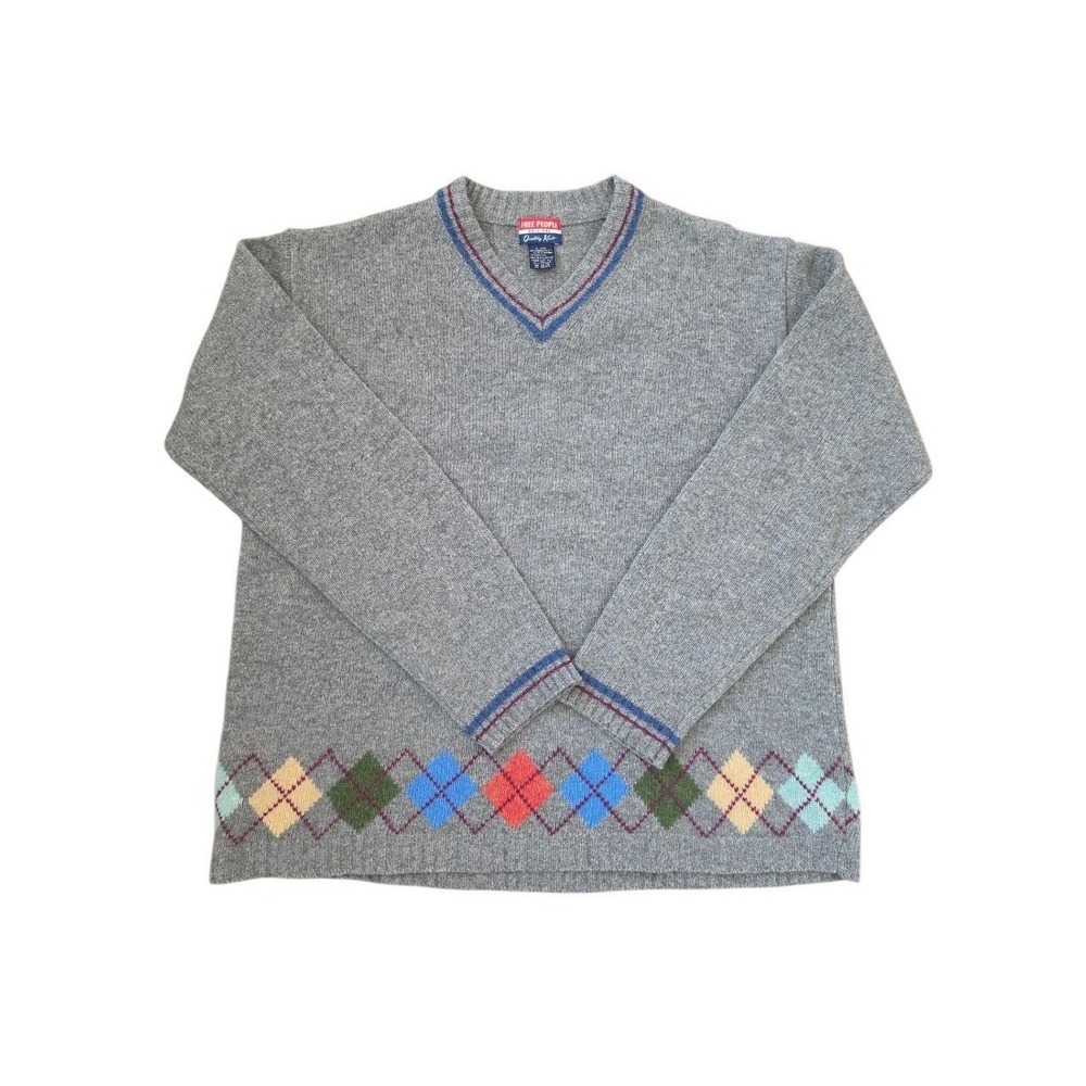 Free People The Originals VTG Collegiate Argyle Lamswool Gray Sweater sz M-L